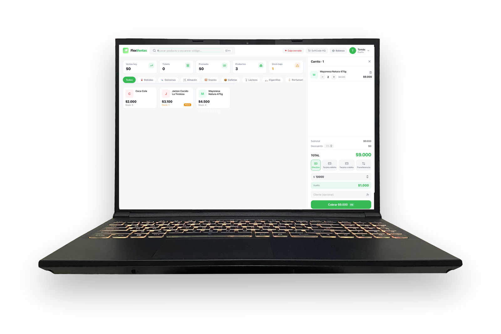 FlexVentas abierto en una notebook, pantalla de ventas